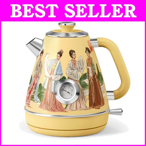 Retro 1.7L Electric Kettle with Thermometer – Cordless Stainless Steel Design