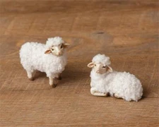 New Primitive German Antique Style SET 2 WOOL SHEEP FIGURINE Fluffy Lamb Figures
