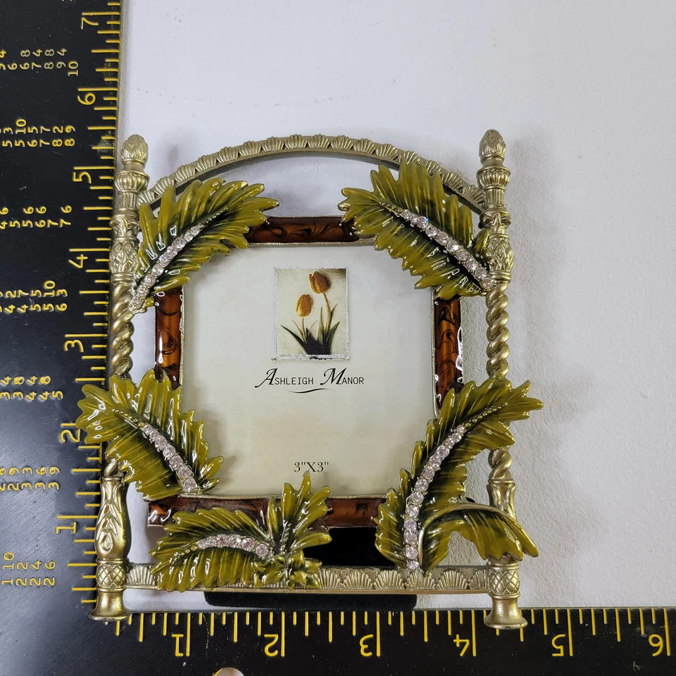 Ashleigh Manor Photo Frame 3”x 3” Tropical Palm Frond Rhinestones Heavy Pewter - Image 4 of 4
