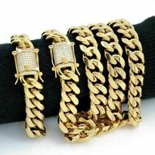 Mens Miami Cuban Link Bracelet Chain Set 18k Gold Plated 14mm Simulated Diamond
