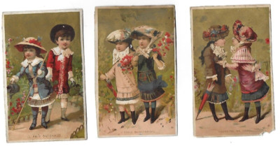 3 antique chromos on gold background promenade des fillettes late 19th century
