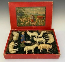 Antique German Boxed Painted Putz Sheep with Shepherd and Dog