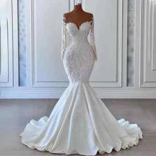 Elegant Ivory Mermaid Wedding Dresses Applique Tulle Long Sleeves Bridal Gowns