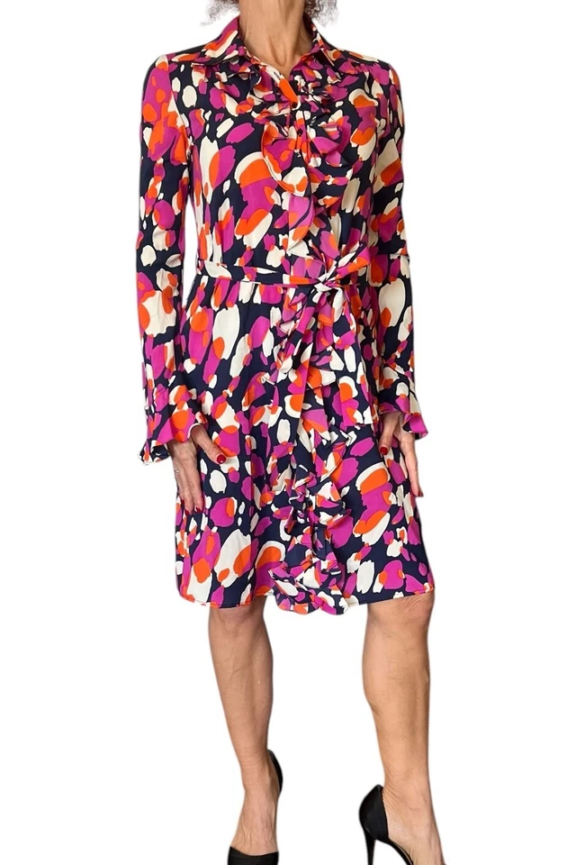 Y2K DIANE VON FURSTENBERG DVF RUFFLE SHIRT DRESS BELTED LONG BELL SLEEVE SILK 4 - Image 4 of 4