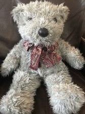 Plush Shaggy Gray Adorable Bear 15  Tall With A Fabric Bow Pre-owned