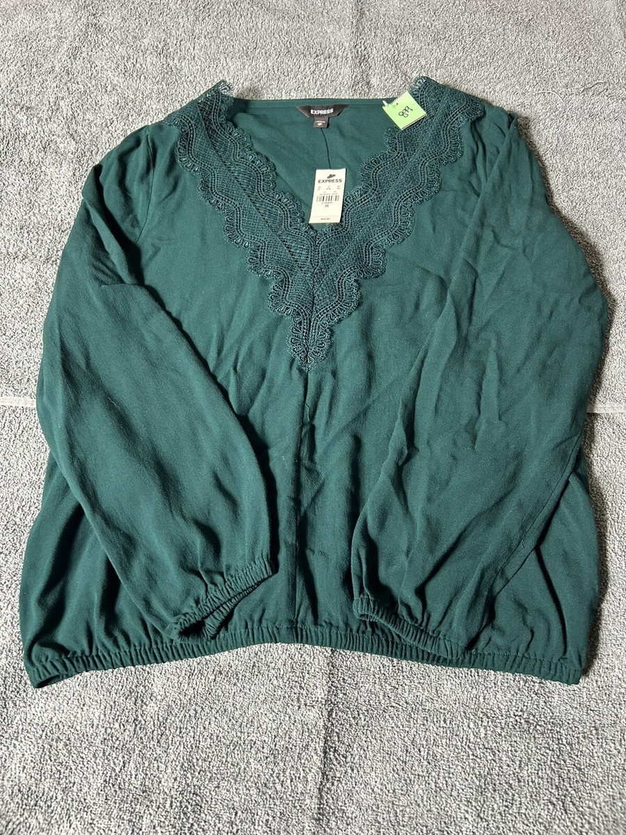 Express Women's XS Blouse Long Sleeve Top Green Lace V-Neck