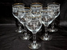 Set Of 6 Vintage Italian CELLINI Etched Crystal Wine Glass 24k Gold Pattern C9N3