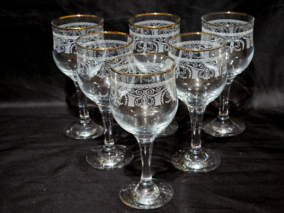 Cellini Etched Crystal Wine Glasses Gold Rim Set of 6 Vintage Italian