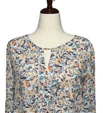Collective Concepts Peasant Top Womens XXL White Blue Paisley Keyhole Neck Flowy