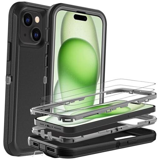 for iphone 15 Plus Case, Military Grade 3 in 1 Heavy Duty Black/Grey