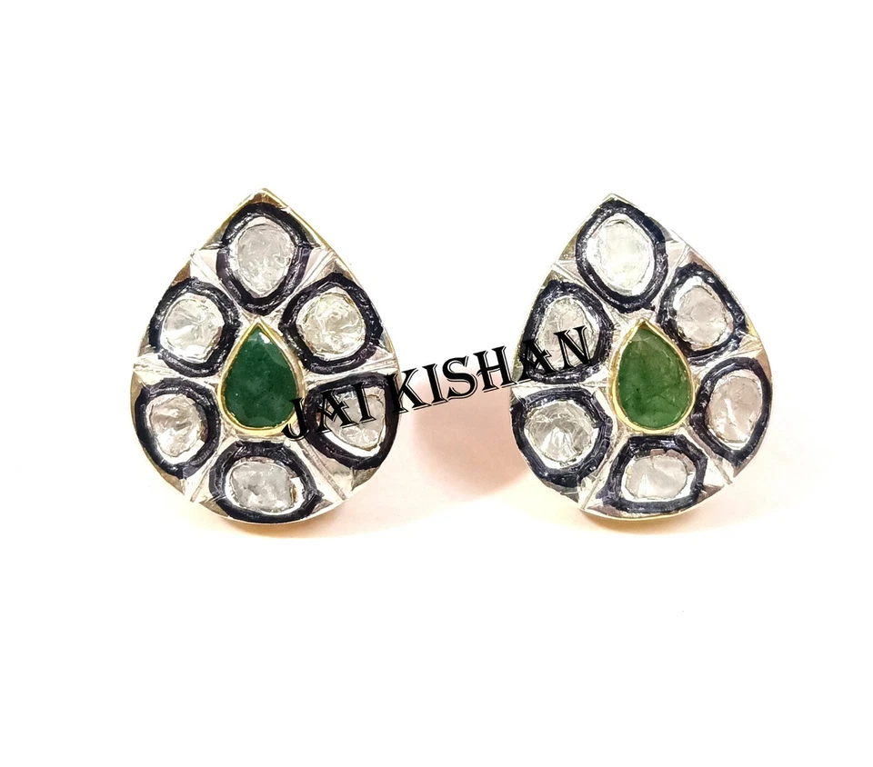 Smaragd Edelstein Uncut Polki Diamant 925 Sterlingsilber Ohrring Vintage Schmuck - Bild 4 von 4