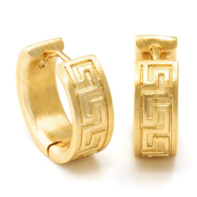 Men's Solid Gold Plated Small 925 Sterling Silver Post Greek Key Hoop Earrings