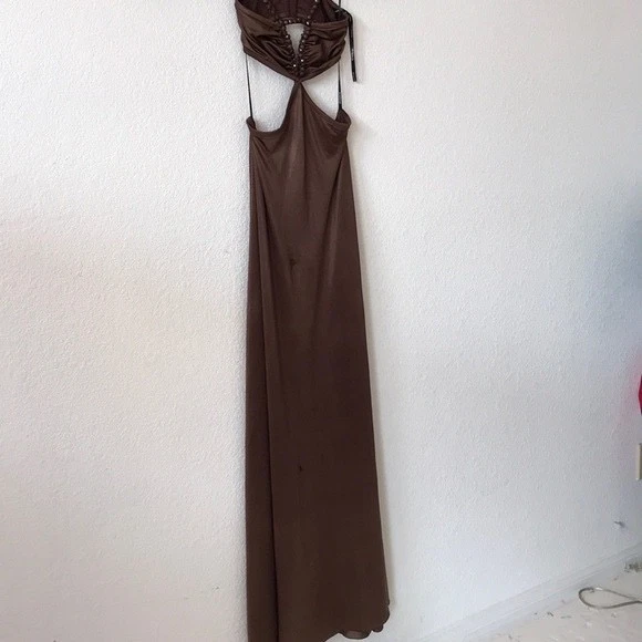 Maxi Vestido Bebe Corte Cintura Elastizado Embellecido Marrón Mujer Talla M Foto 3 de 4