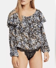 Free People Say It To Me Bodysuit Floral Lace Dolman Bell Ballon Sleeve- Size M