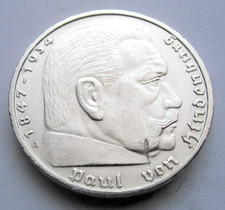 (758) WWII German 5 Mark  - 1937 A  -  SILVER -  COIN - BIG SWASTIKA