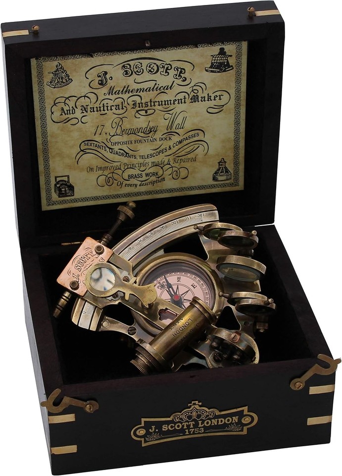A fully functional brass astrolabe sextant with compass, presented in a hardwood box — the kind of desk piece that makes visitors stop mid-sentence.