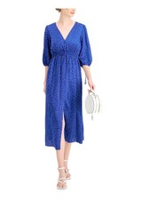 TAYLOR Womens Blue Zippered Tie Blouson Sleeve V Neck Midi Party Sheath Dress 8