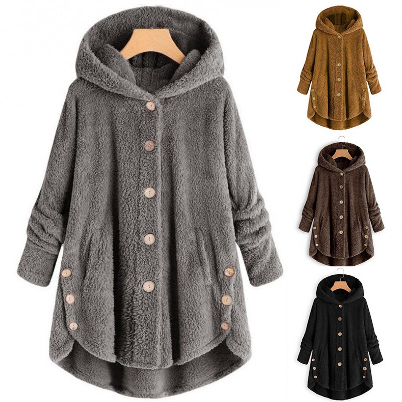 Plus Women's Tops Bear Fleece Hooded Coat Fur Fluffy Jacket Winter Outwear