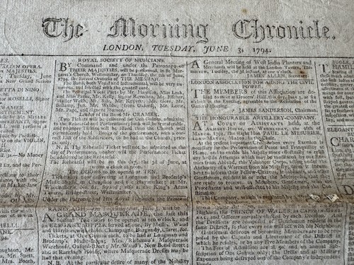RARE ARTIFACT: The Morning Chronicle London, Tuesday, Jun 3, 1794 - Picture 1 of 7