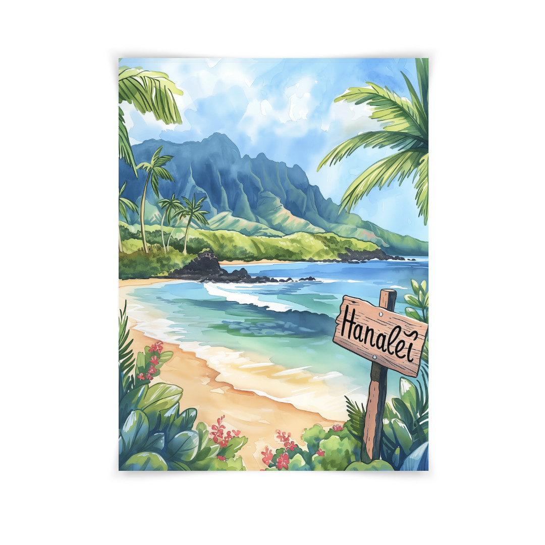 Hanalei Watercolor Print, Kauai Hawaii Tropical Beach Mountain Art
