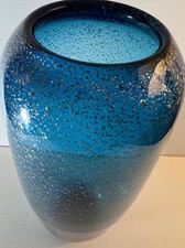 Large Art Glass Vase Accents Silver Flakes Color Blue-13-1/2"