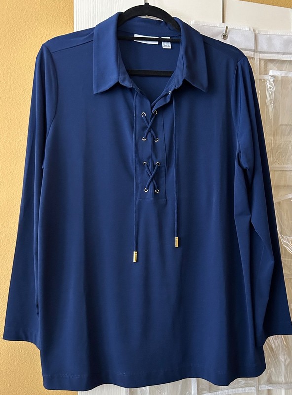 Susan Graver Liquid Knit Top with Lacing Navy 1X A300516