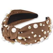 Brown Pearl Knotted Rhinestone Headband Wide Top Knot Beaded Jeweled Hairband