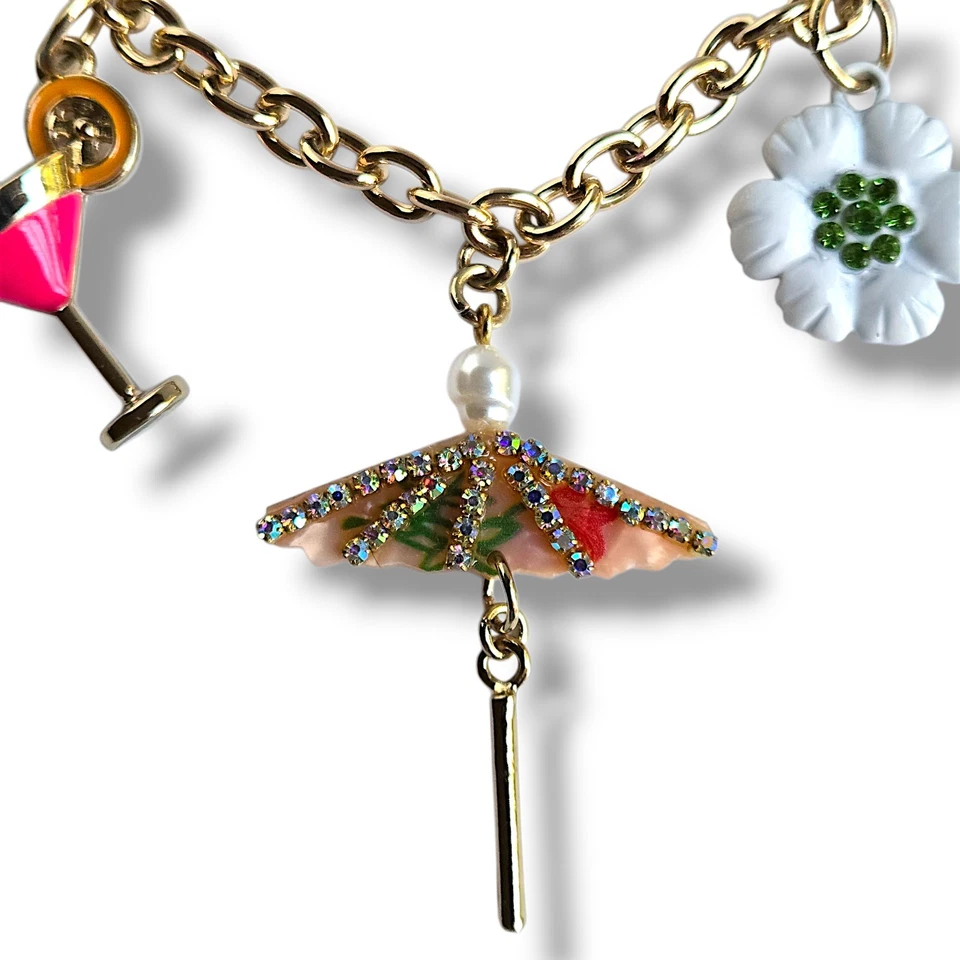 Betsey Johnson Tropical Cocktail Beach Umbrella Charm Bracelet Gold Tone Size 7 - Image 3 of 4