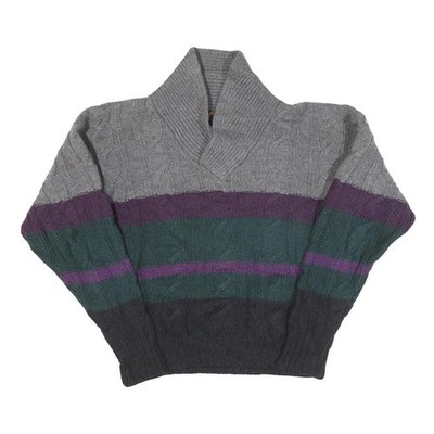 BOSTON TRADERS Herren grau & lila gemusterter Wollpullover Schalkragen Zopfmuster