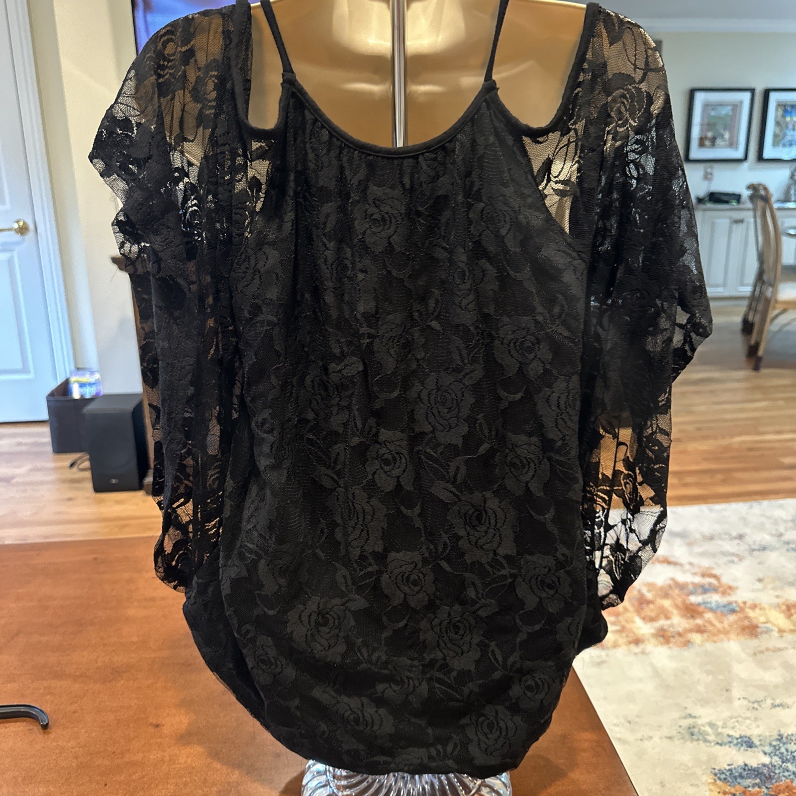 Vava Solid Black Lace Lined Cold Shoulder Top S - image 5