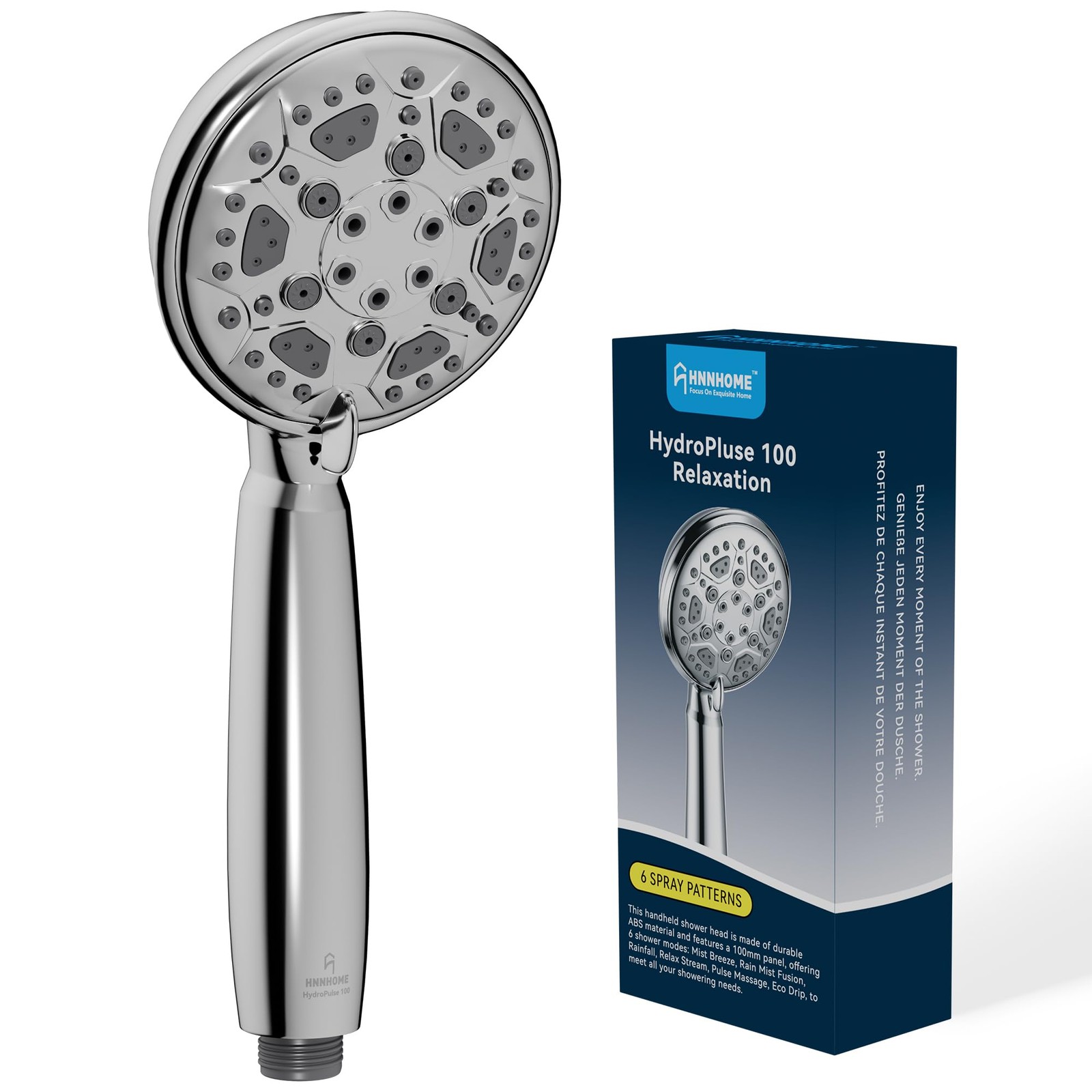HNNHOME HydroPulse 100mm Handheld High Pressure Shower Head, 6 Spray Chrome