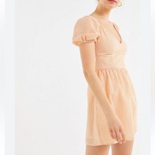 Urban Outfitters Gingham Babydoll Dress Orange White M Cottagecore Peasant Mini