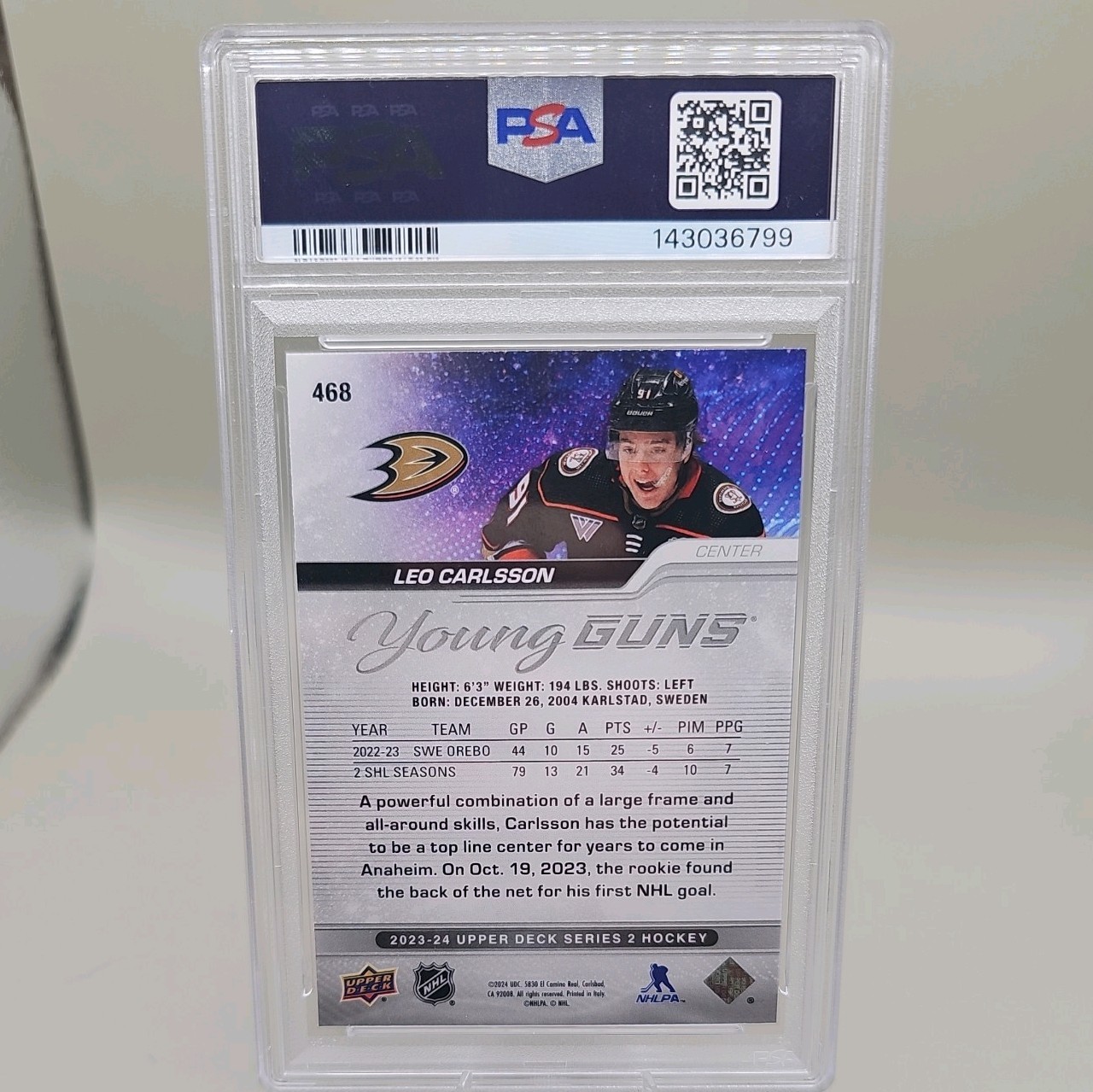 Upper Deck 2023 Young Guns Leo Carlsson Rookie #468 Anaheim Ducks PSA 10 view 2