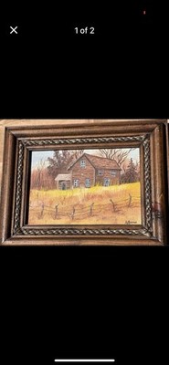 Original Painting Of Old House/Barn  In Wheat Field wbarbed wire fence  7.5x9.5 
