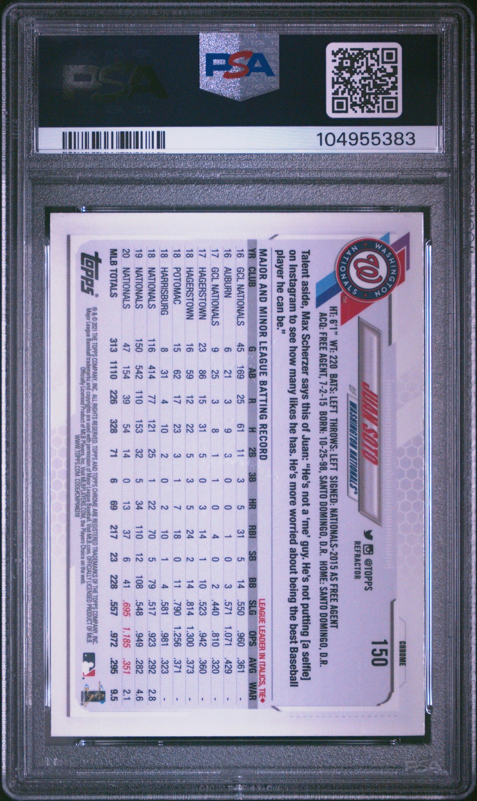 2021 TOPPS CHROME SEPIA REFRACTOR #150 JUAN SOTO PSA 10 view 2