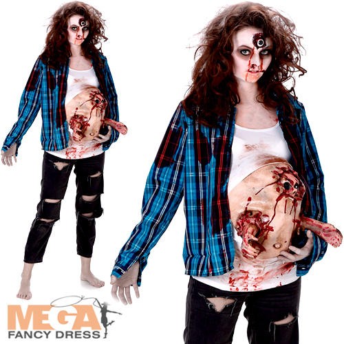 Deluxe Pregnant Zombie Baby Hands Ladies Fancy Dress Halloween Womens  Costume