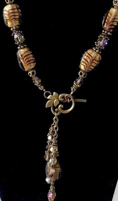 Boho Chic artisan necklace with gold foil Lamp-work beads, crystal accents/EUC