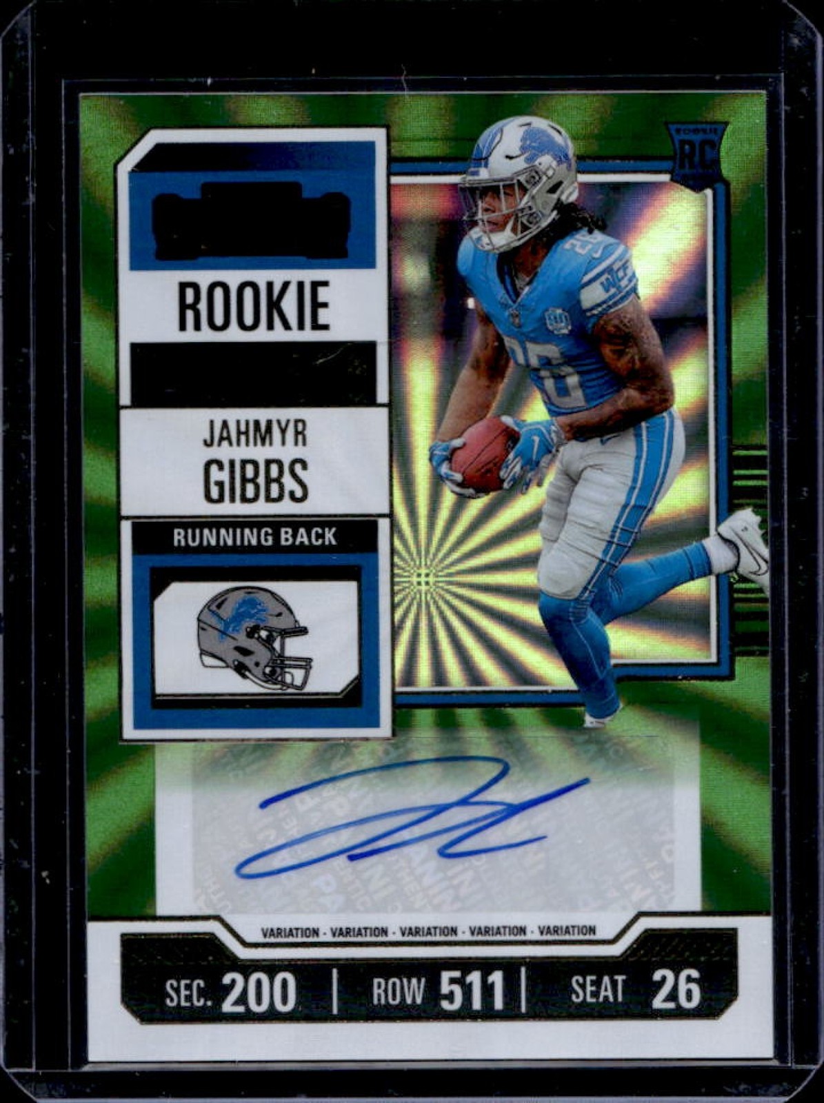 2023 Contenders Jahmyr Gibbs Rookie Ticket Auto Season Green Lazer Sunburst 112b