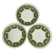 Vintage Set of 3 Green Floral Side Plates Pink Roses Gilt Scalloped 18cm