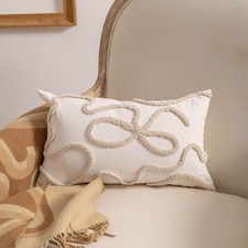 Coquette Bow Tufted Throw Pillow Cover 12x 20, Boho Neutral Linen Pillow Cush...