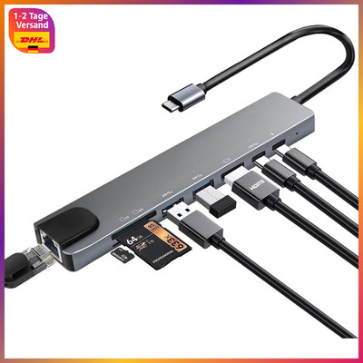 USB C Hub 8 in 1 Multiport Adapter 100W PD 4K HDMI Ethernet SD TF Reader