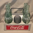 Vintage Metal Coca-Cola Bottle Carrier Caddy w/ 4 Green Glass Coca-Cola Bottles