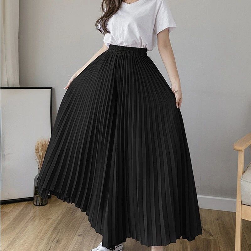 Ladies Chiffon Pleated Culottes Wide Leg Cropped Pants Elastic Waist Trousers - Image 3 of 4