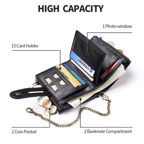 Leather Wallet Men's RFID Blocking Coin Pocket Card Slots Chain Premium Stock UK - Picture 3 of 13