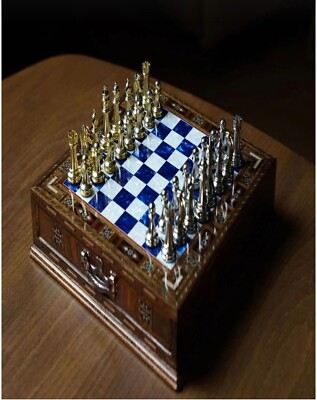 GGS GrandGiftStore High Quality Blue Handcrafted Chess Set With Wooden Drawers