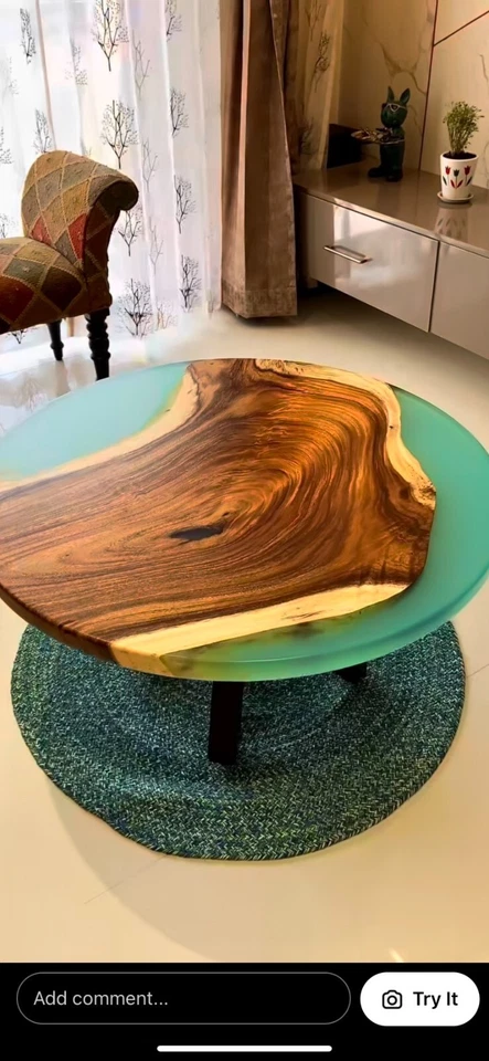 Custom Green Epoxy Resin Live Edge  Wooden Coffee, Side, Center ,End Table Top - Image 3 of 4
