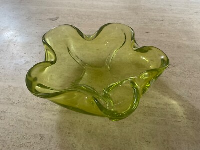 Vintage Mid Century Viking Folded Green Glass Art Bowl, Candy Dish Excellent