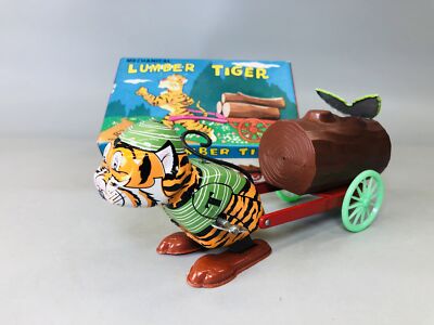 Y6044 TIN TOY Mechanical Lumber Tiger box Japan antique vintage interior  decor