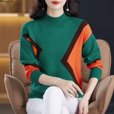 Korean Women Mock Neck Colorblock Casual Sweater Tops Pullover Jumper Blouse