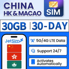 China HK & Macao SIM Card -30GB High-Speed, 30 Day JetSim/Travel SIM